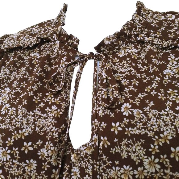 Vintage 90s Flower&Feather Prairie Dress -L Floral Tiered Ruffles Keyhole Brown - Picture 6 of 11